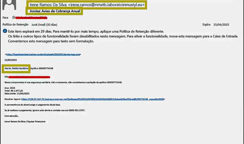 Anvisa alerta para tentativa de golpe com falsa cobrança por e-mail