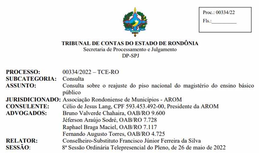 Interpretação jurídica do Sintero quanto à consulta da Aron ao Tribunal de Contas do Estado de Rondônia