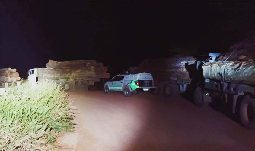 PM apreende 4 caminhões realizando transporte irregular de madeira e mais de 30 pessoas tentam impedir a ação policial