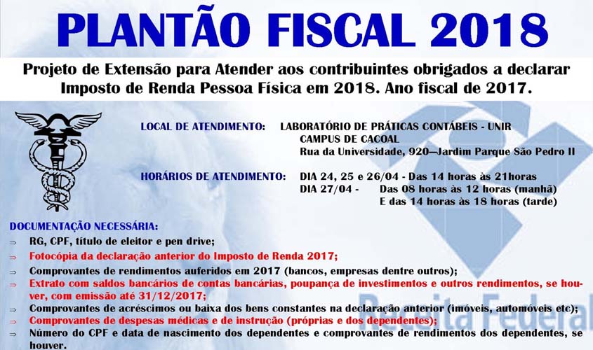 Campus de Cacoal – UNIR realiza atendimento aos contribuintes no Plantão Fiscal IRPF 2018