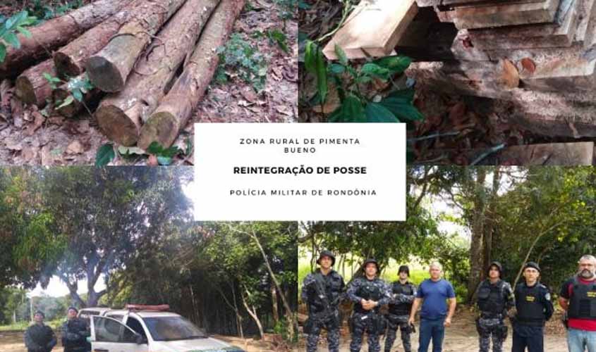 Madeira ilegal é apreendida pela PM de Rondônia durante reintegração de posse, em Pimenta Bueno
