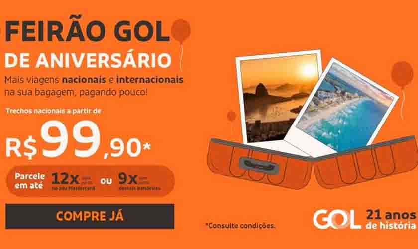 Feirão GOL Aniversário de 21 anos: trechos nacionais a partir de R$ 99,90 e 2 mil passagens a R$ 21
