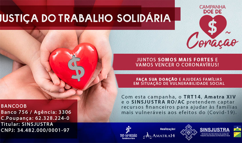 TRT14, Sinsjustra e Amatra lançam campanha solidária para atender famílias em vulnerabilidade social