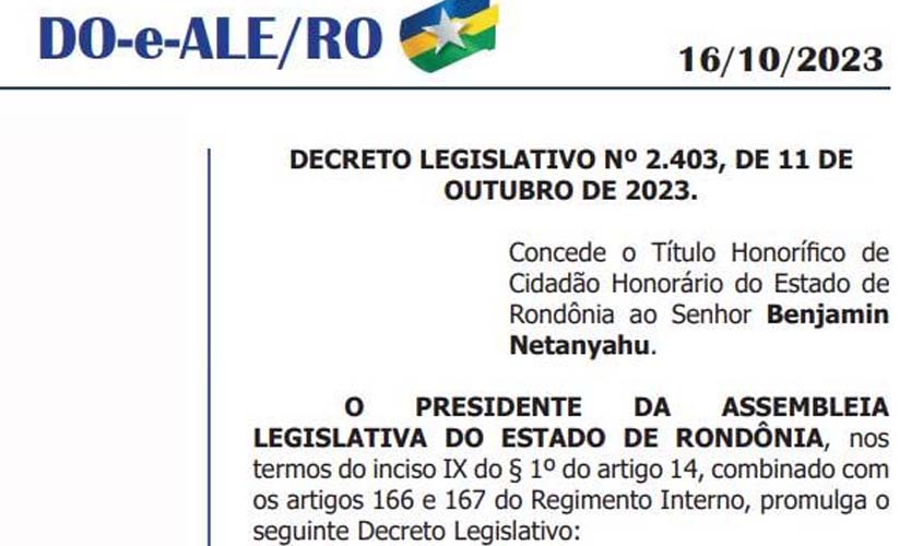 Não é piada: primeiro-ministro de Israel, Benjamin Netanyahu, recebe título de cidadão honorário de Rondônia pelos 'relevantes serviços prestados ao Estado'