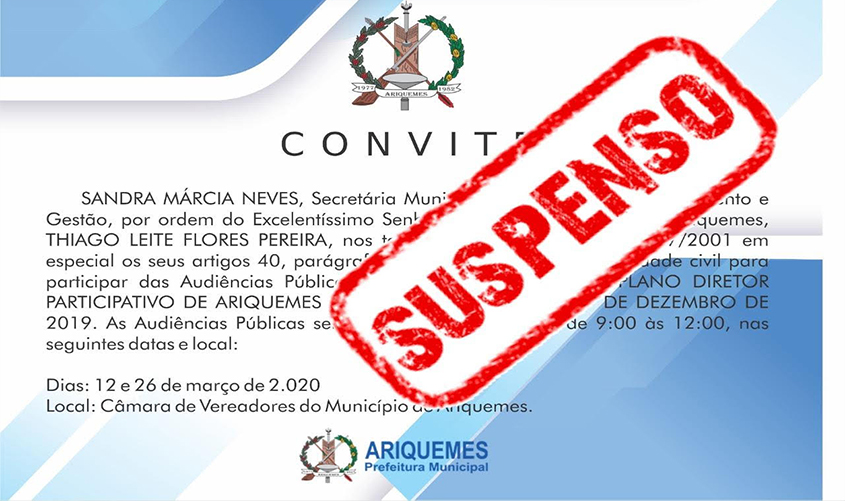 CORONAVÍRUS: Prefeitura suspende Audiência Pública para revisão do Plano Diretor
