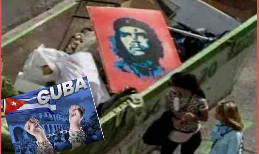 A derrocada do comunismo, representada pelas multidões nas ruas e pela foto do ídolo na lixeira