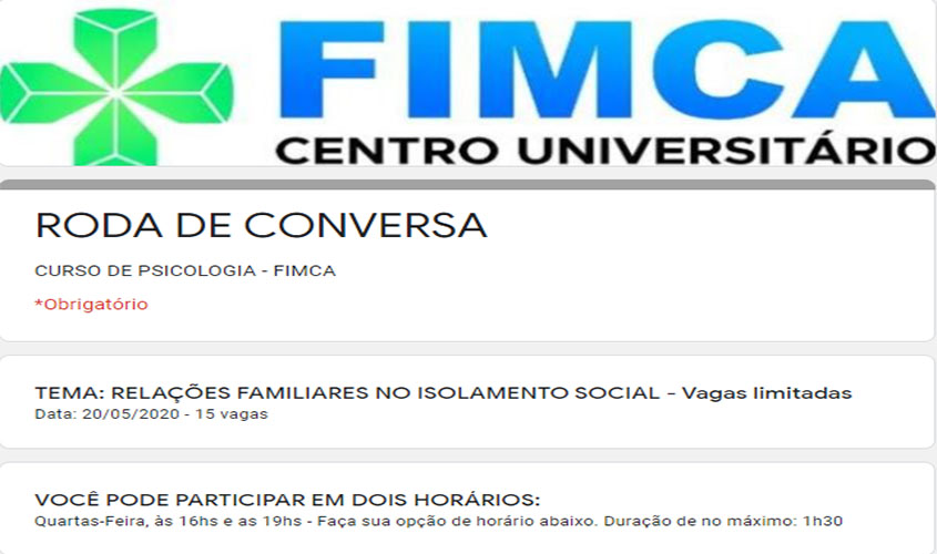 Psicologia da FIMCA Promove Rodas de Conversa online