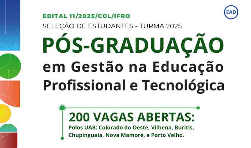 IFRO e UAB selecionam estudantes para Pós-Graduação EaD em Gestão na Educação Profissional e Tecnológica