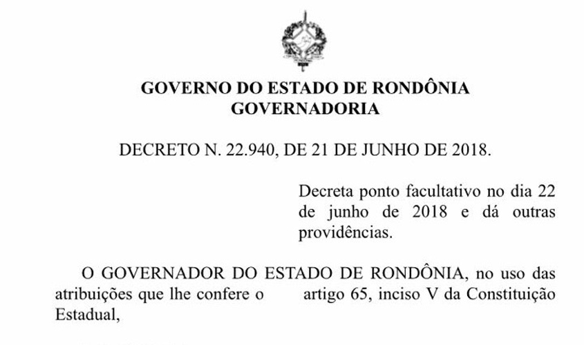 Governo de Rondônia estabelece ponto facultativo nesta sexta-feira de disputa da seleção brasileira na Copa do Mundo