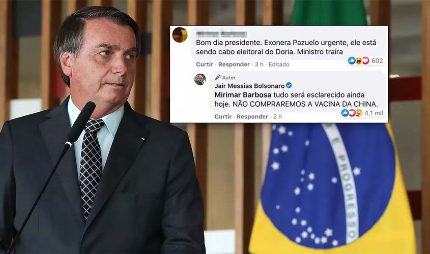 Bolsonaro confirma na redes sociais que vai cancelar acordo para compra da vacina chinesa