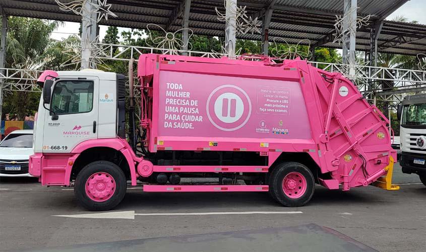 Marquise Ambiental adesiva caminhões para destacar importância do Outubro Rosa 