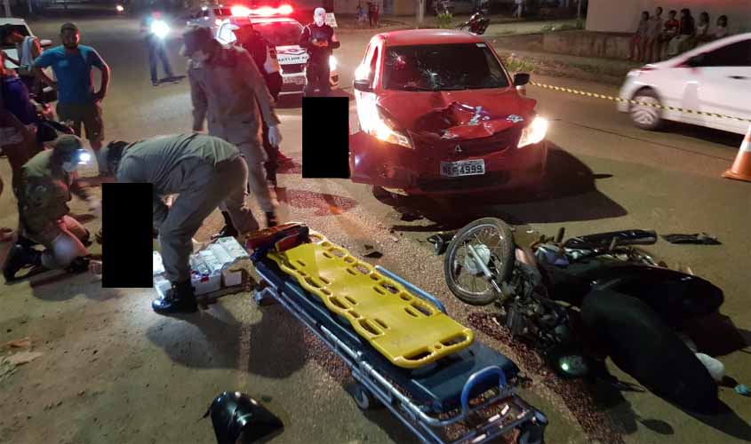 Colisão frontal entre carro e moto deixa uma vítima com fratura exposta