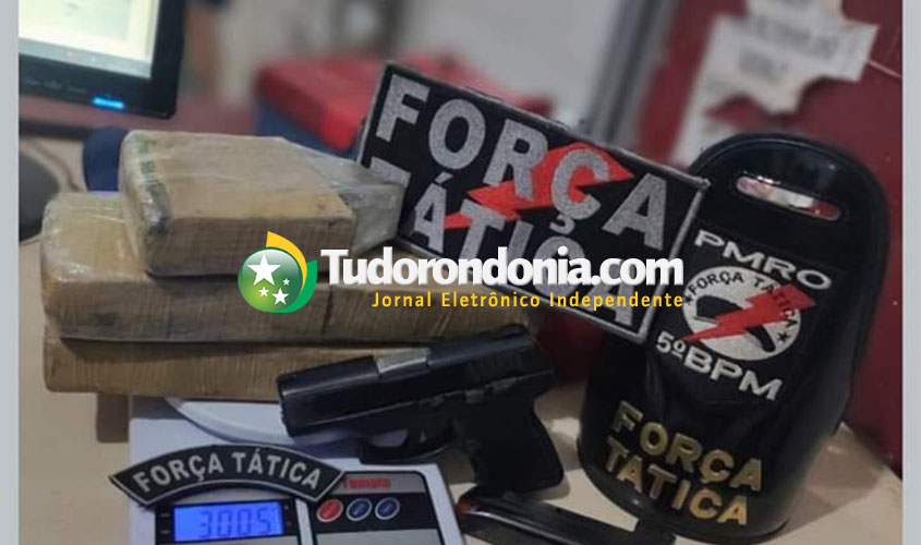 Força Tática prende três suspeitos com pistola e apreende quase 3 kg de droga
