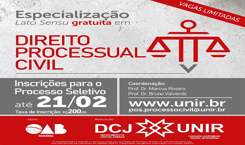 Inscrições para o curso de especialização em Direito Processual Civil da Unir seguem até 21 de fevereiro