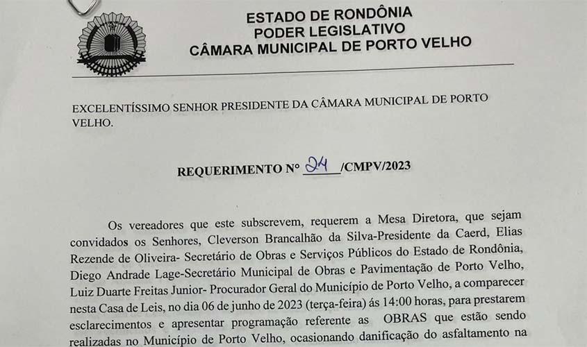 Vereadores de Porto Velho solicitam esclarecimentos sobre obras que danificam as ruas da cidade