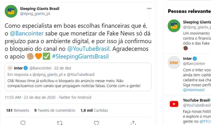 Banco Inter retira anúncios do canal Terça Livre e irrita bolsonaristas